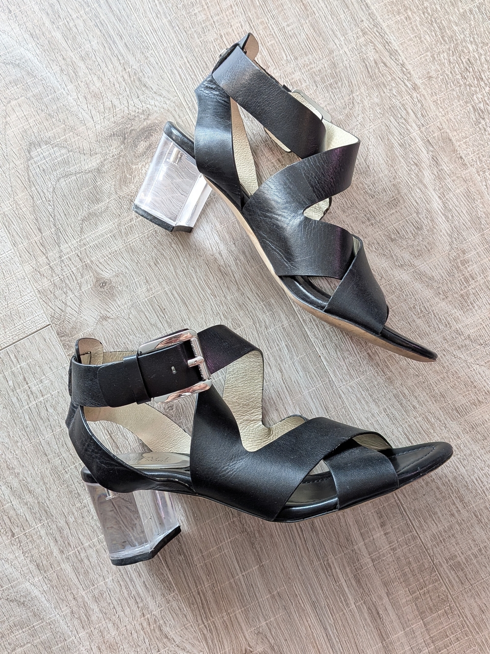 Michael Kors Maribella Black Leather Clear Block Heel Sandals 6.5